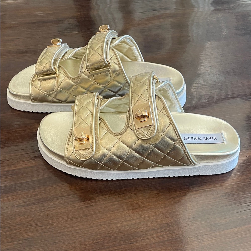 Steve Madden Schmona Gold Quilted Double Strap Sandals - Picture 2 of 6